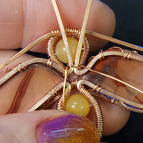 Jennifer Brooks's Rosy Maple Moth Pendant - , Contemporary Wire Jewelry, Lashing, Wire Lashing, Wire Wrapping, Wrapping, Wire Wrapping Jewelry, Wrap both posts together for approximately 1 inch